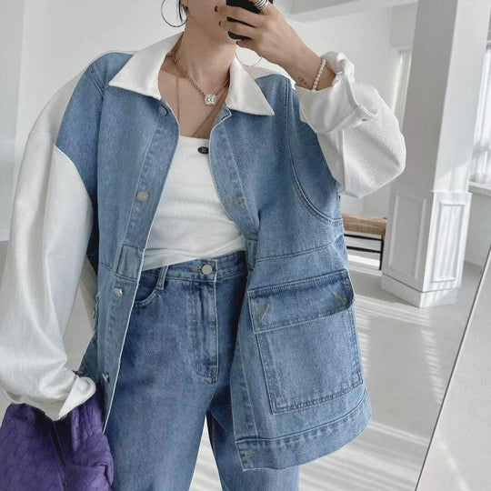 All-matching Fashion Color Contrast Stitching Denim Baggy Coat Women - Onouthati