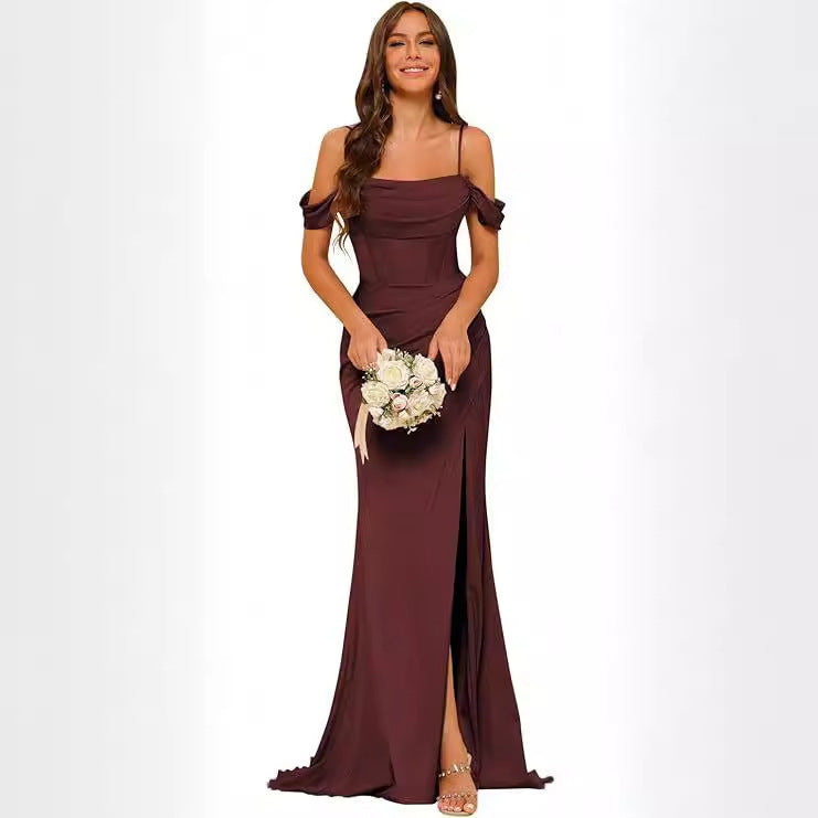 Off-the-shoulder Satin Bridesmaid Corset Ball Gown - Onouthati