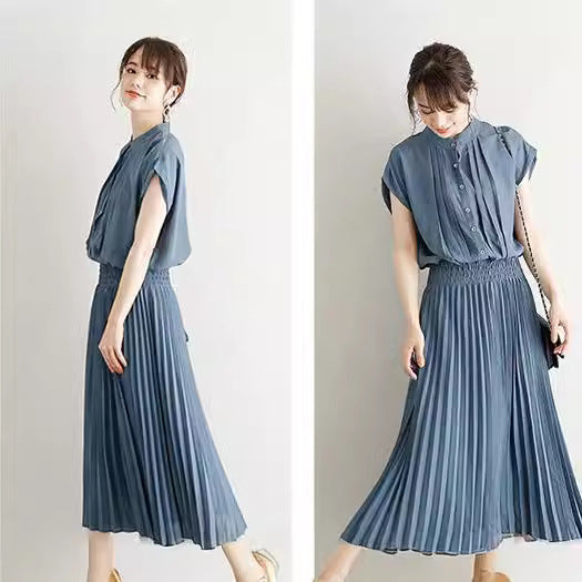 New Elegant Japanese Style Dress Comfortable Waist Trimming Short-sleeved Chiffon Dress Women - Onouthati