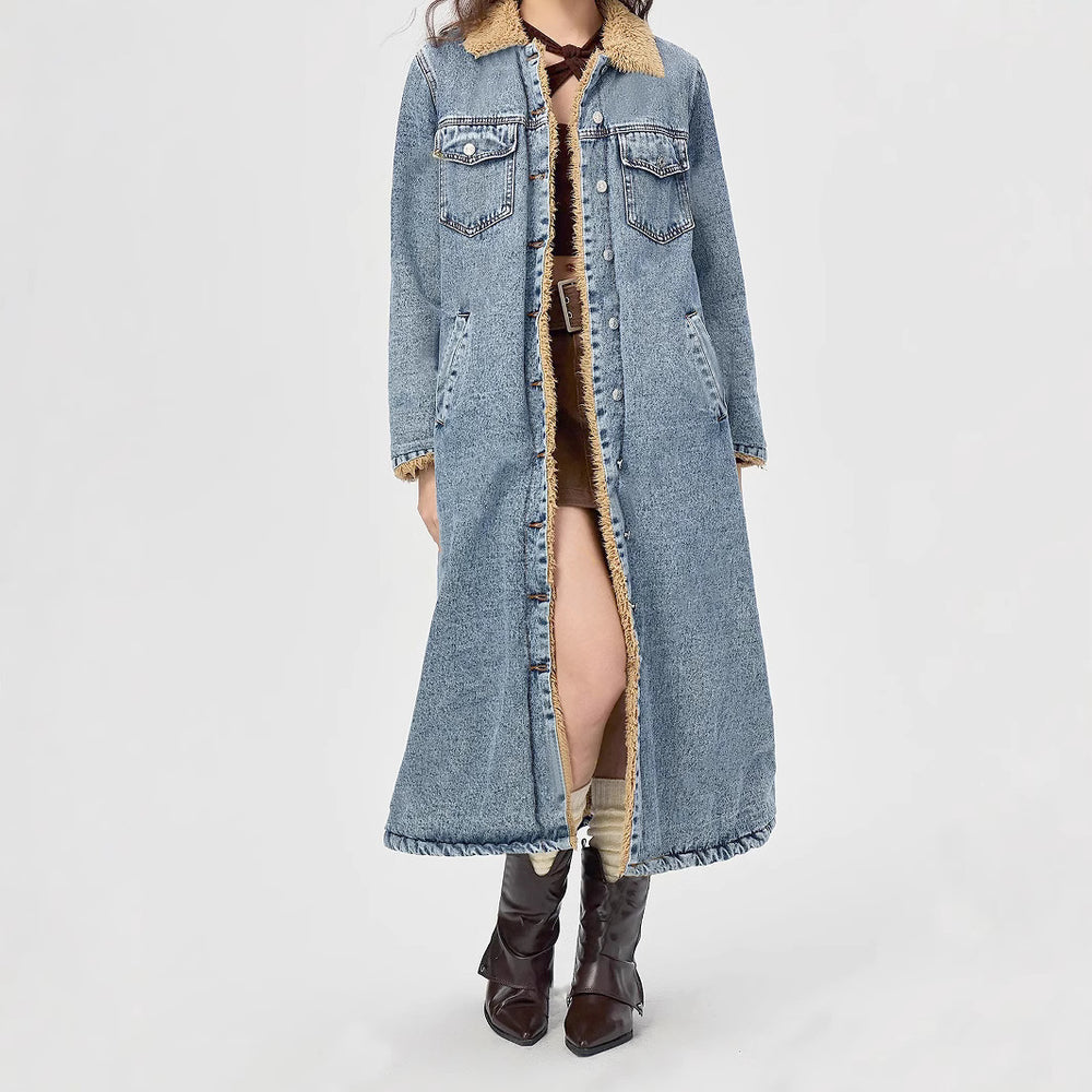 European And American Loose Long Velvet Lining Cotton-padded Coat Denim Coat - Onouthati