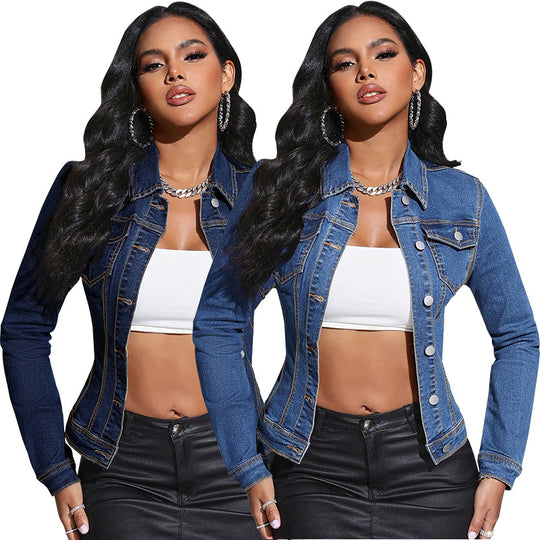 Long Sleeve Lapel Pocket Denim Jacket - Onouthati