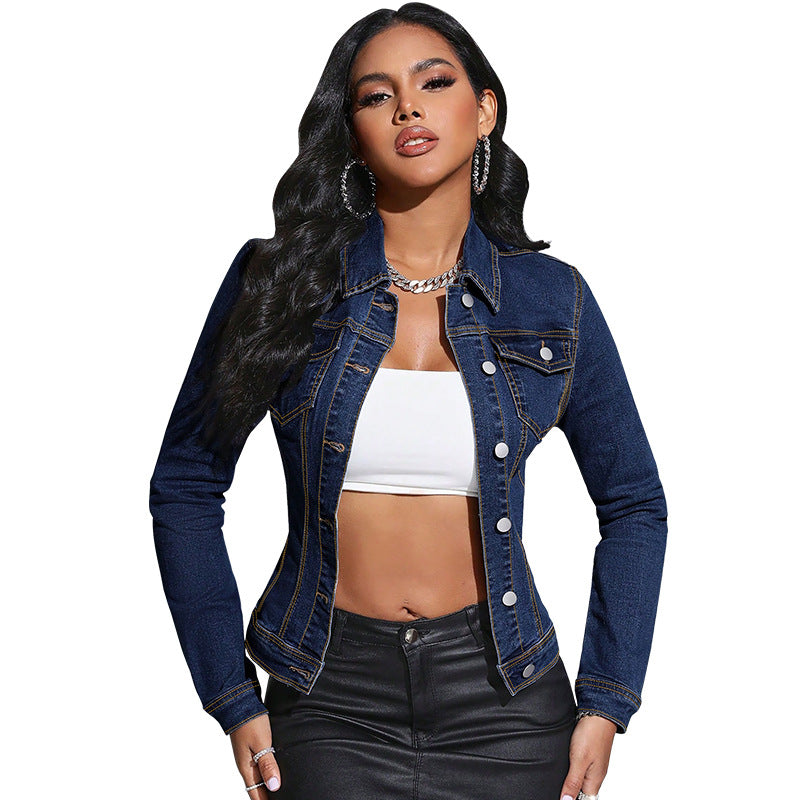 Long Sleeve Lapel Pocket Denim Jacket - Onouthati