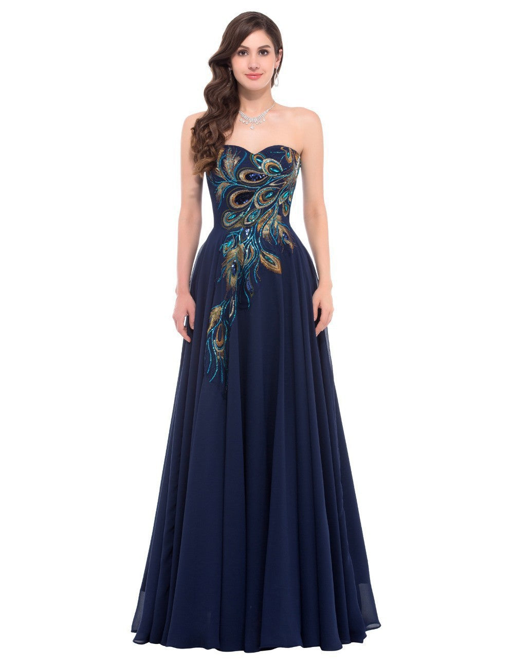 Embroidered Peacock Heart Collar Dress Chiffon - Onouthati