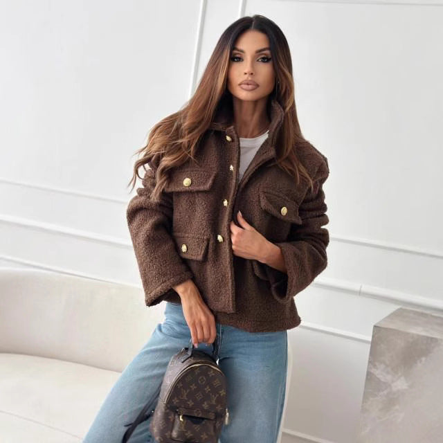 Solid Color Polo Collar Tweed Coat Women - Onouthati