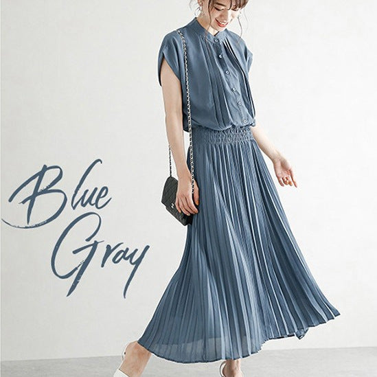 New Elegant Japanese Style Dress Comfortable Waist Trimming Short-sleeved Chiffon Dress Women - Onouthati