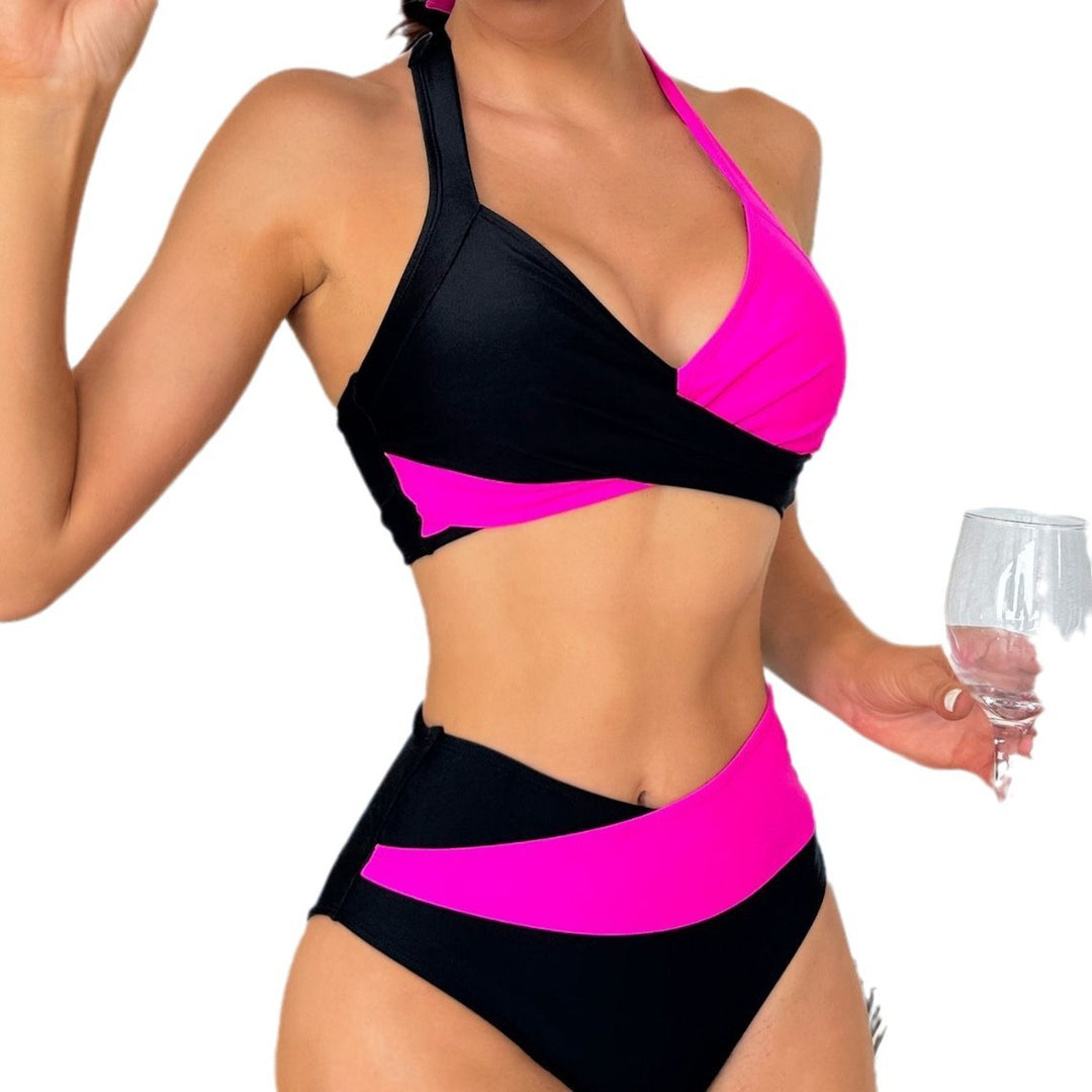 Halter Color Matching High Waist Bikini Split Swimsuit - Onouthati