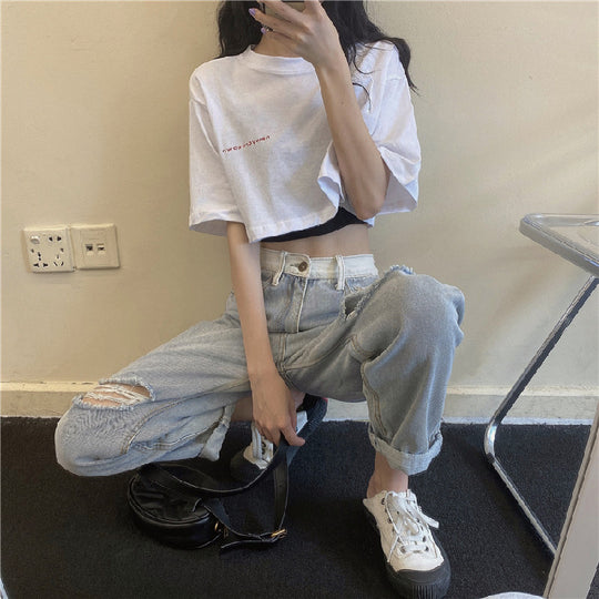 Two-Piece Set Crop-top Short Top Loose High Waist T-shirt Women - Onouthati