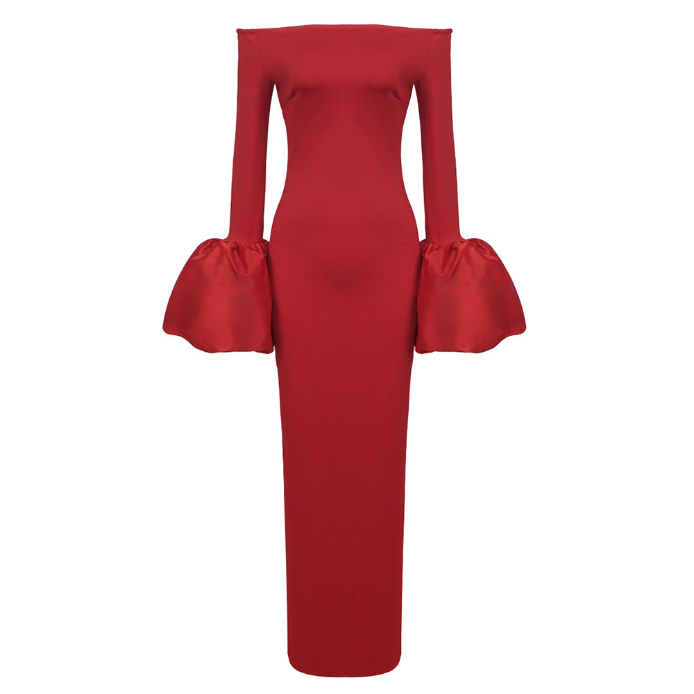 Dress Red And Black Slim-fit Long Sleeve French Lantern Sleeve Dress - Onouthati