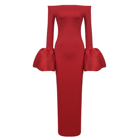 Dress Red And Black Slim-fit Long Sleeve French Lantern Sleeve Dress - Onouthati