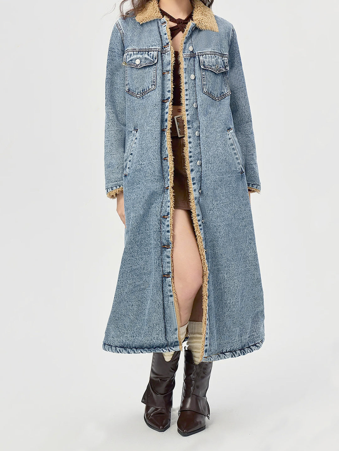 European And American Loose Long Velvet Lining Cotton-padded Coat Denim Coat - Onouthati