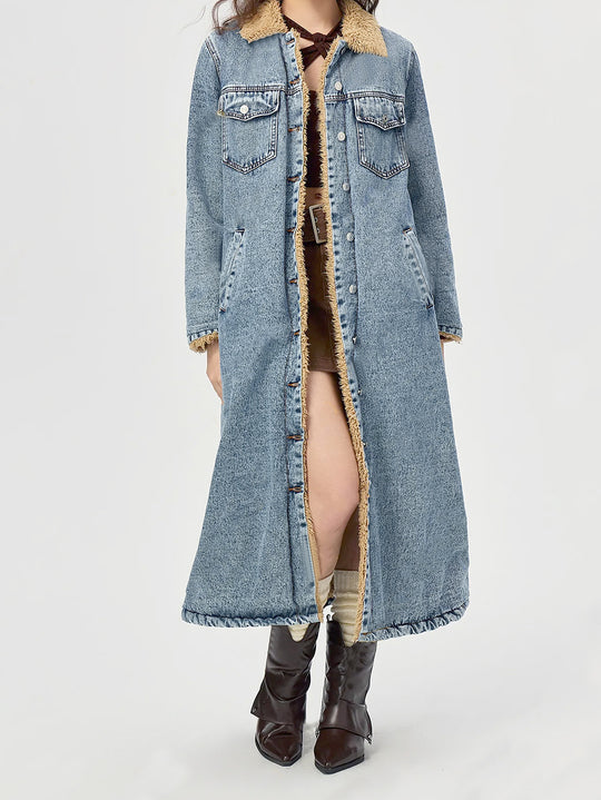 European And American Loose Long Velvet Lining Cotton-padded Coat Denim Coat - Onouthati