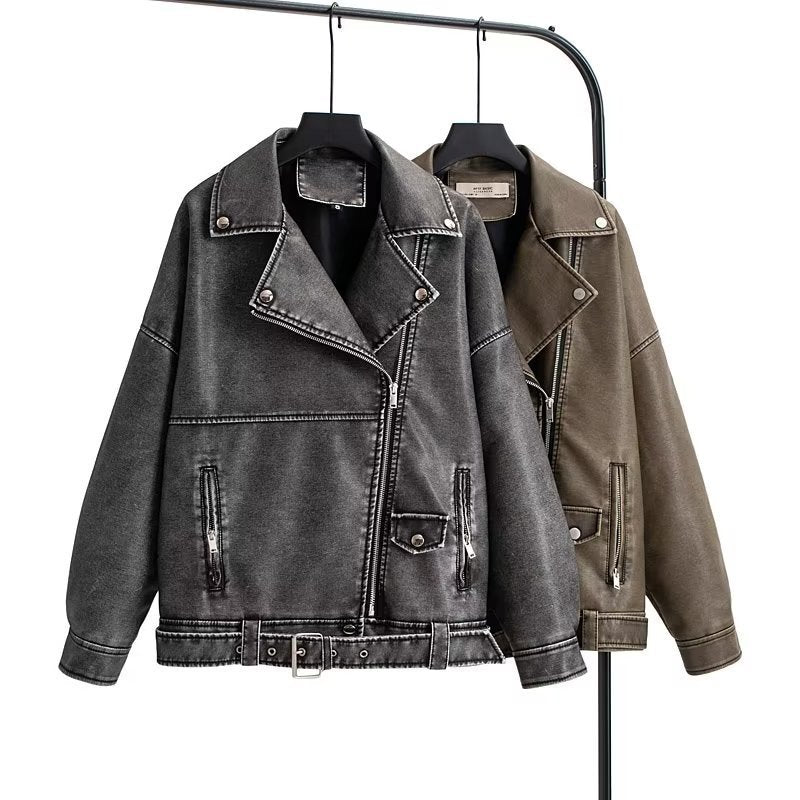 European And American Style Washed PU Leather Jacket Women - Onouthati
