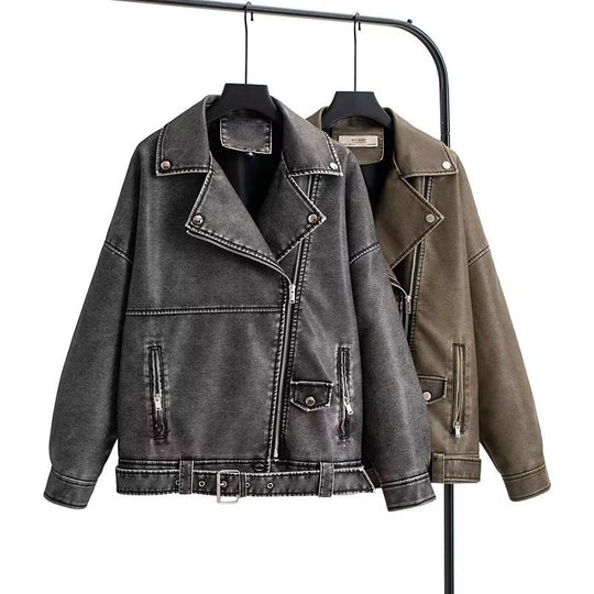 European And American Style Washed PU Leather Jacket Women - Onouthati