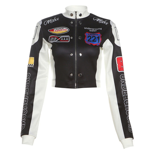 Women's Cropped Printed Long Sleeve Baseball Uniform Coat - Onouthati