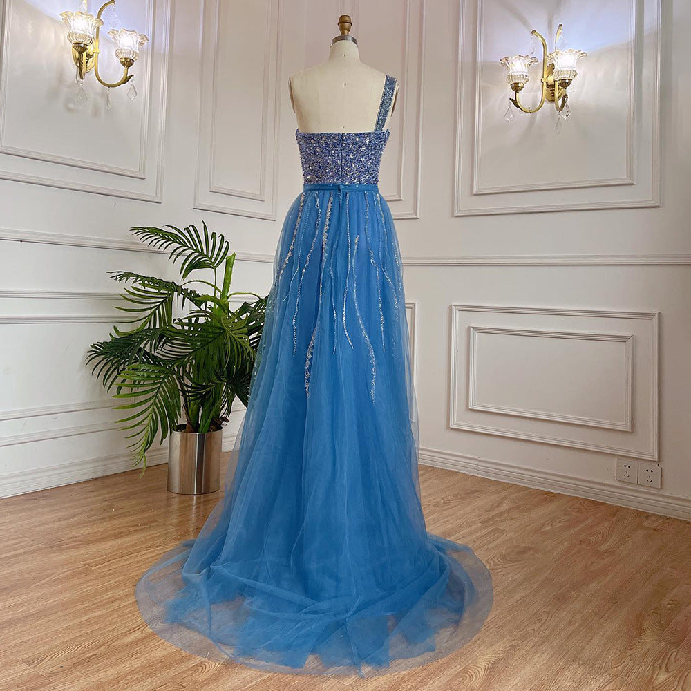 Blue Handmade Beaded Split Shoulder Fishtail Dress - Onouthati