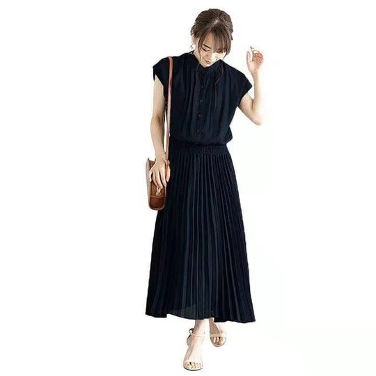 New Elegant Japanese Style Dress Comfortable Waist Trimming Short-sleeved Chiffon Dress Women - Onouthati