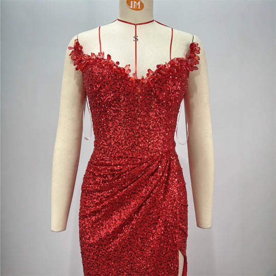 Drop-shaped Diamond Sexy Low-cut High Sitt Red Paillette Tube Coat And Dress - Onouthati