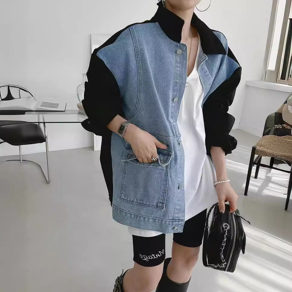 All-matching Fashion Color Contrast Stitching Denim Baggy Coat Women - Onouthati