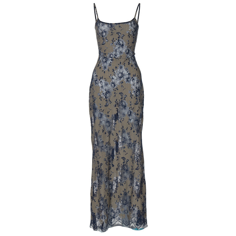 Fashion Dyed Printing Stitching Hollow Back Strap Elegant Style Long Dress Women - Onouthati