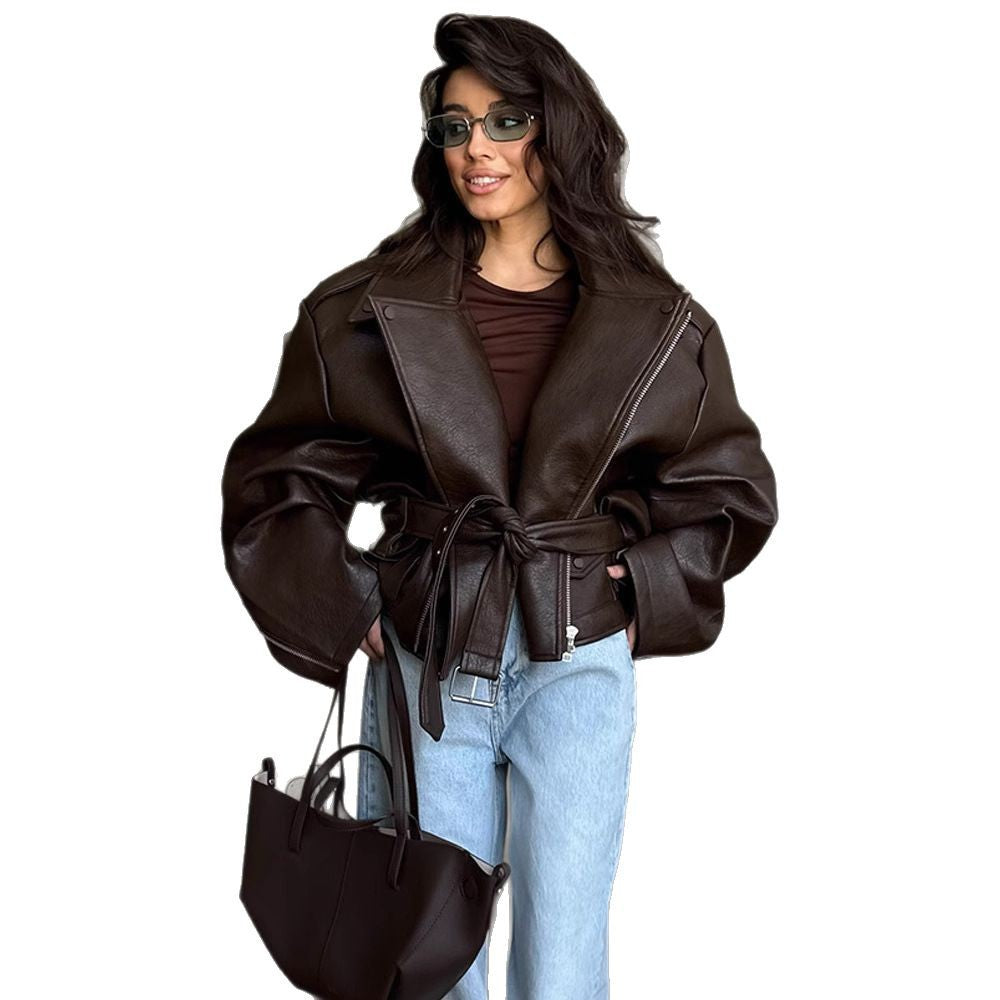 Lady Temperament Short Lace Up Leather Coat - Onouthati
