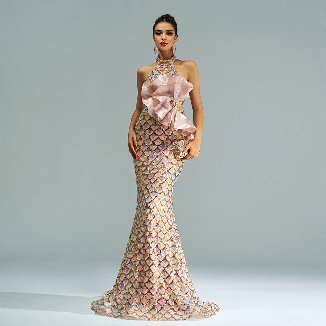 Halter Sequined Mermaid Evening Dress - Onouthati