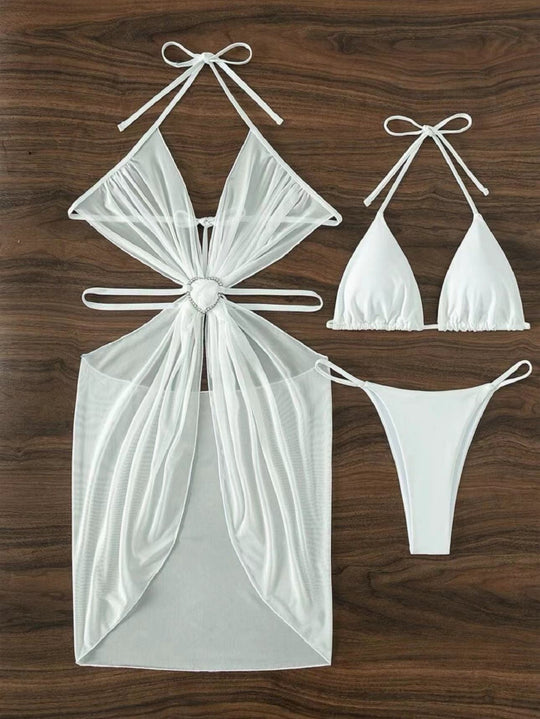 3pcs Halter Neck Bikini Beach Summer Solid Color Split Swimsuit Womens Clothing - Onouthati