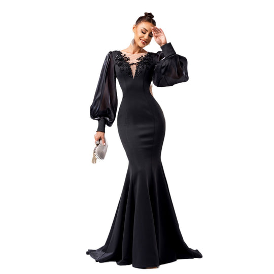 Long Sleeve Round Neck Banquet Applique Sheath Fishtail Dress - Onouthati