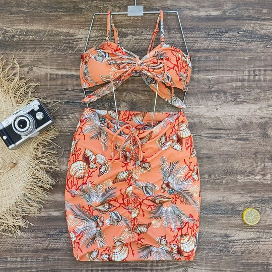 Printed Tube Top Bikini Three Piece Swimsuit Split Women - Onouthati