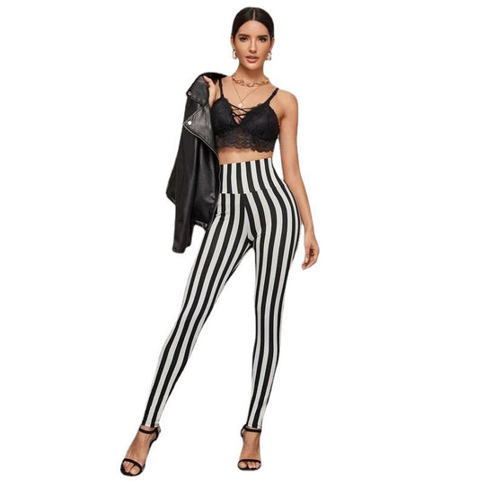 Vertical Stripes High Waist Leggings Cropped Skinny Pants - Onouthati