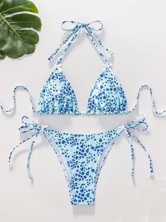 Women Printed Lace-up Bikini Split Swimsuit Swimwear - Onouthati