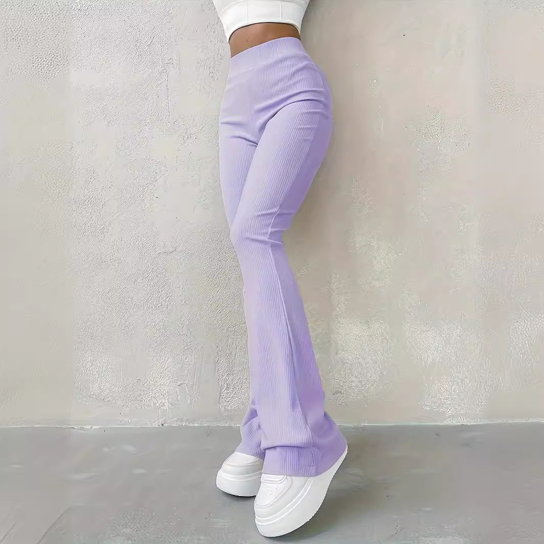 Casual Rib Simple Slim Fit Leggings Solid Color High Waist Fashion Trousers - Onouthati