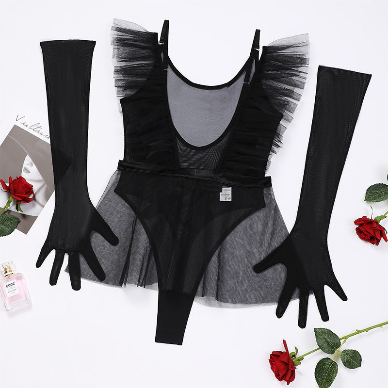Mesh Jumpsuit Tutu Skirt Gloves Three-piece Set For Women - Onouthati