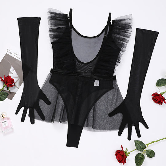 Mesh Jumpsuit Tutu Skirt Gloves Three-piece Set For Women - Onouthati