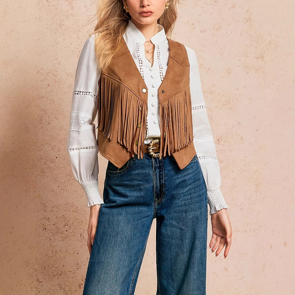 Women's Solid Color Casual Retro Tassel Decoration Front Metal Button Vest Jacket - Onouthati