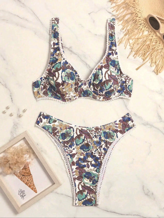 Bikini European And American Steel Bracket Push Up Printed Tied Swimsuit For Women - Onouthati