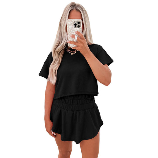 New Solid Color Short Sleeve Casual Suit Women - Onouthati