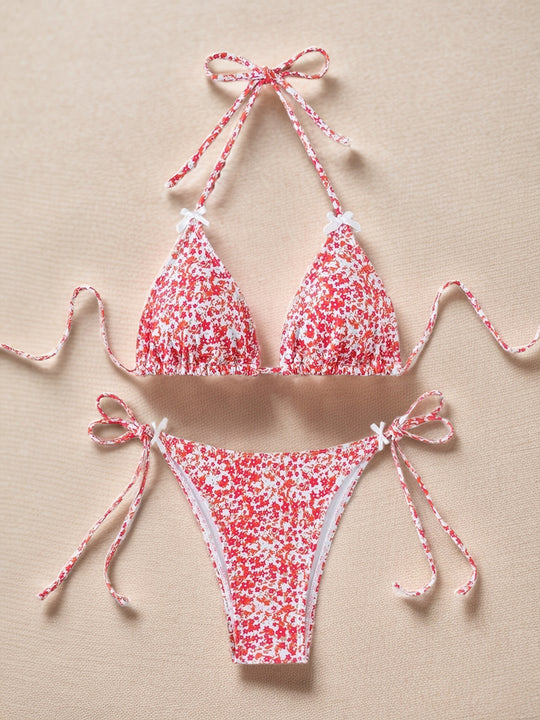 Women Printed Lace-up Bikini Split Swimsuit Swimwear - Onouthati