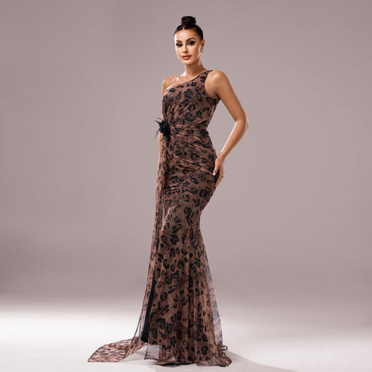 One-shoulder Diagonal Collar Leopard Sequined Evening Dress - Onouthati
