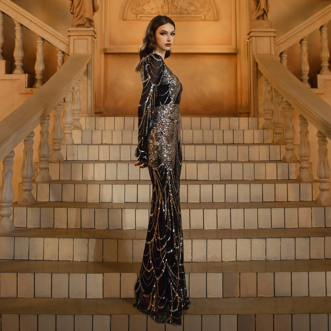 Long Sleeve Round Neck Slim-fit Sheath Sequined Banquet Fishtail Evening Dress - Onouthati