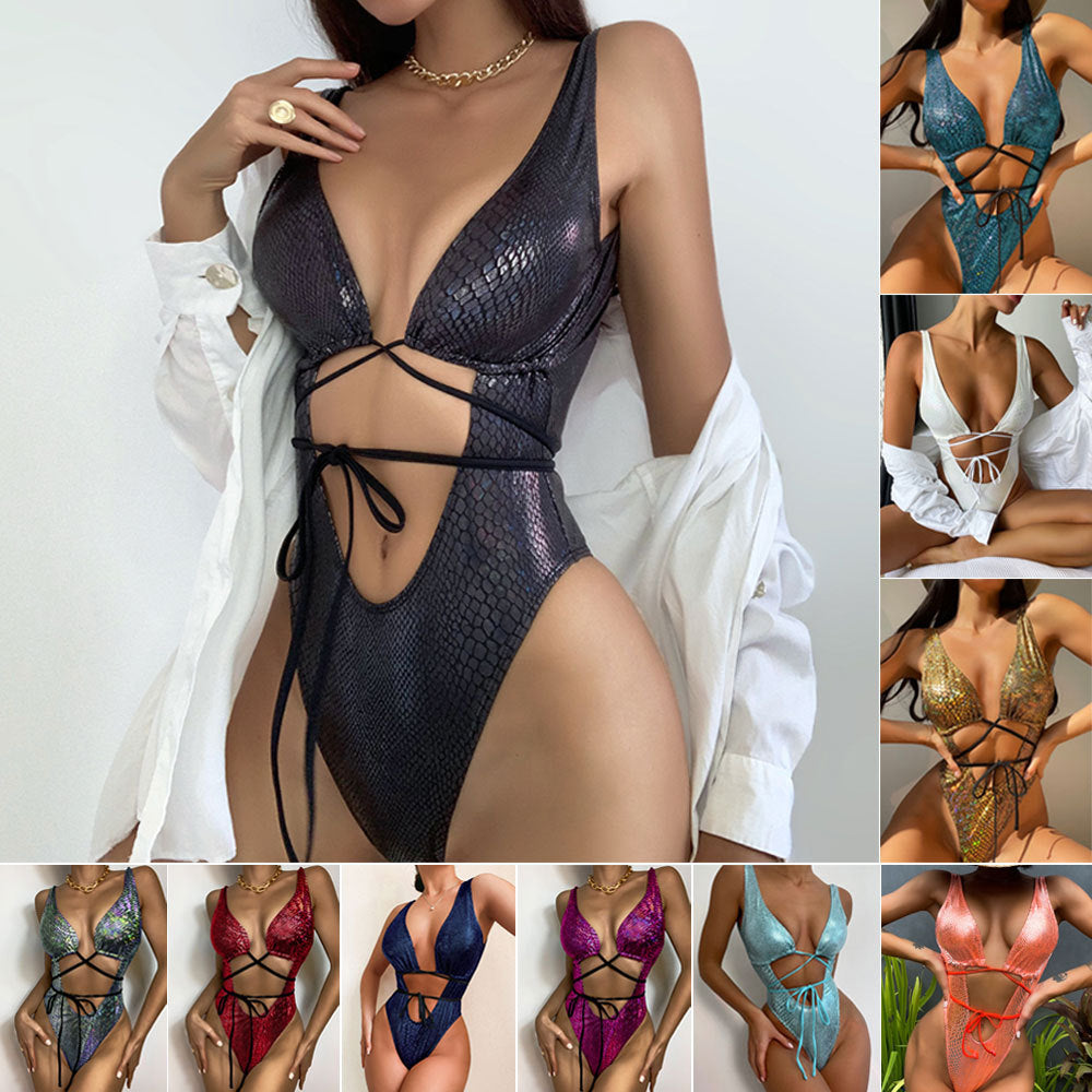 Women's Bikini One Piece Swimsuit Strappy Lace Up Swimwear Bathing Suit - Onouthati