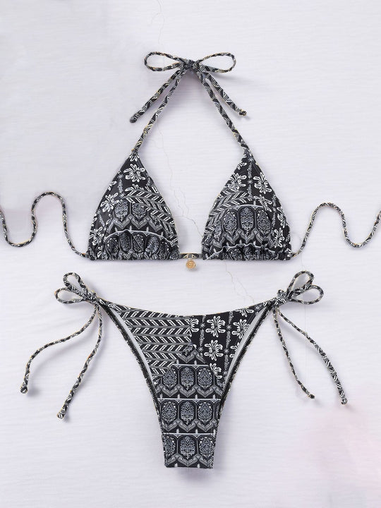 Women Printed Lace-up Bikini Split Swimsuit Swimwear - Onouthati