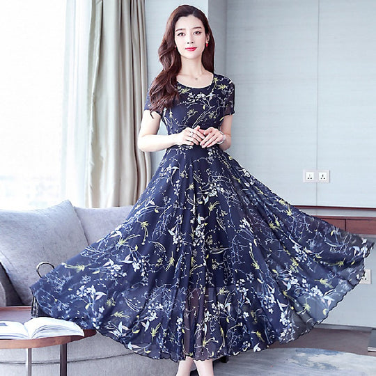 Middle-aged Ice Silk Large Swing Dress Elegant Floral Slimming Long Dress Women - Onouthati