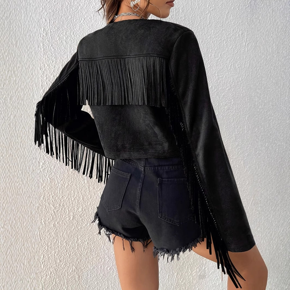 Women's Fashion Solid Color Tassel Rivet Design Front Open Short Jacket - Onouthati