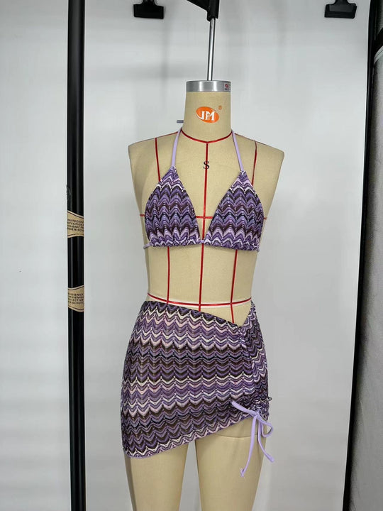 Knitting Bikini Skirt Three-piece Set Bikini Striped Swimsuit Bikini Women Swimw - Onouthati