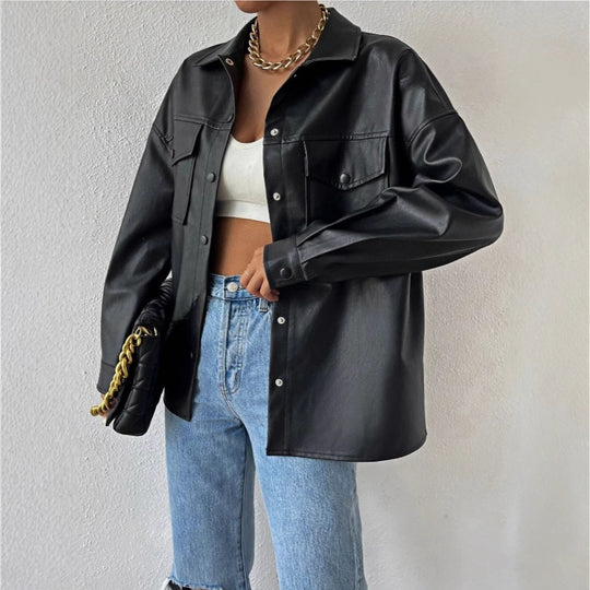 Single-breasted Solid Color Pocket PU Fashion Casual Jacket Top - Onouthati