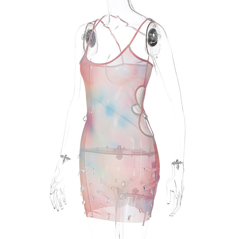 Women's Spring New Sheer Mesh Side Hollow Jeweled Sling High Waist Dress Women - Onouthati