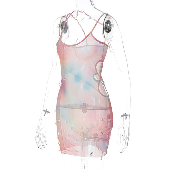 Women's Spring New Sheer Mesh Side Hollow Jeweled Sling High Waist Dress Women - Onouthati