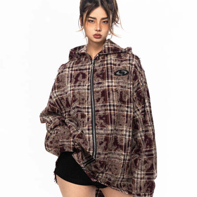 Retro Plaid Hooded Zip Jacket - Onouthati