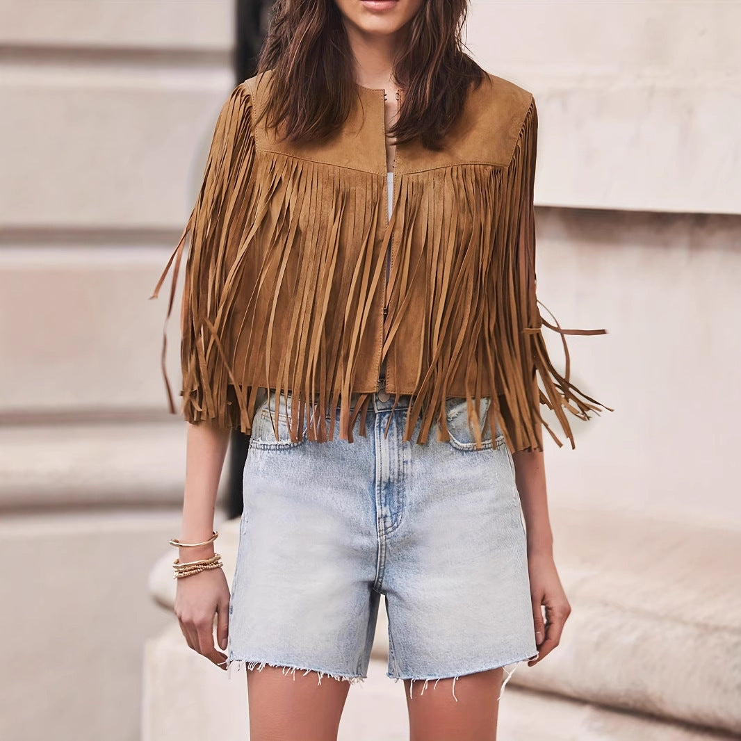 Women's Loose Temperament Tassel Sleeveless Short Jacket Solid Color Top - Onouthati