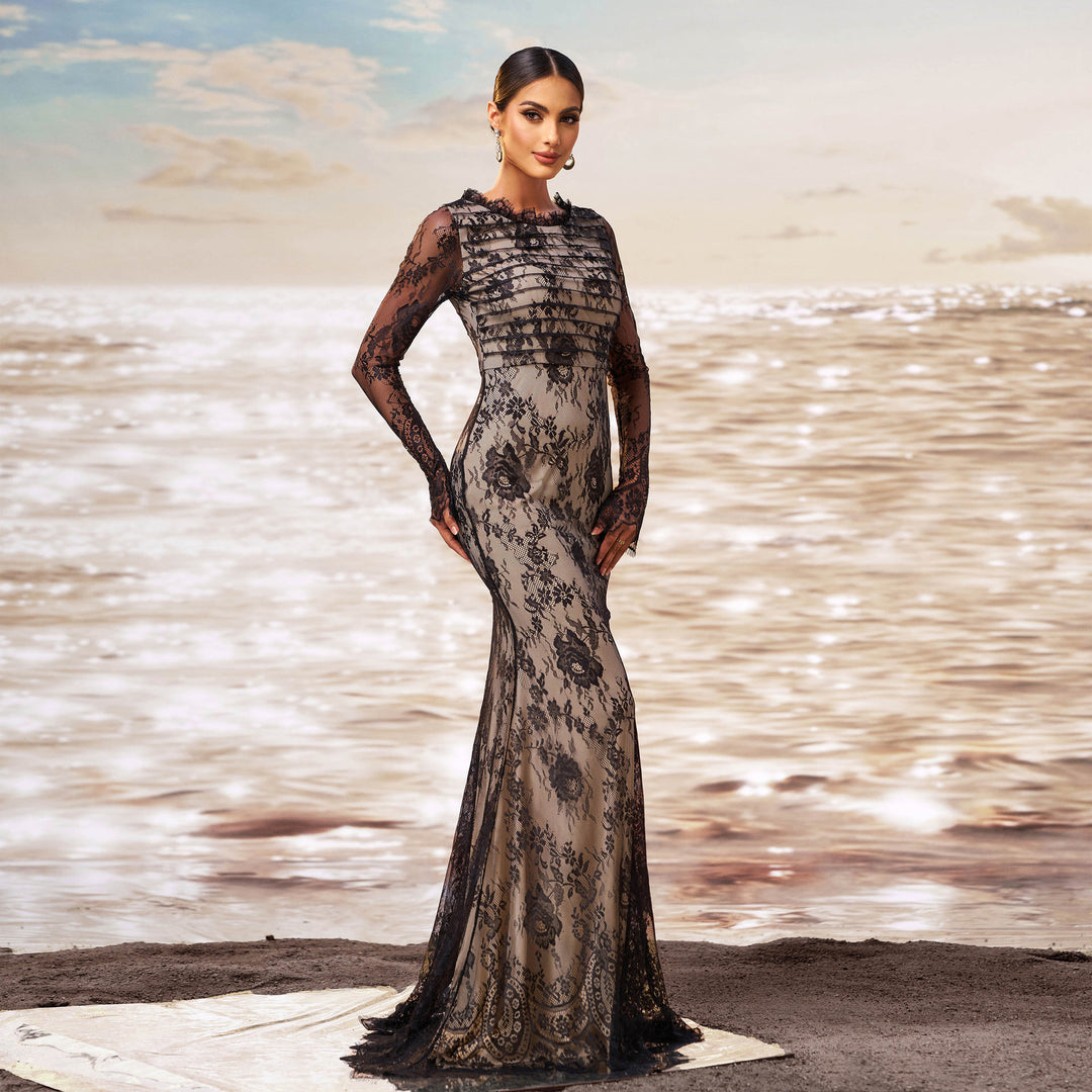 Long Sleeve Round Collar Gauze Sheath Fishtail Evening Dress - Onouthati
